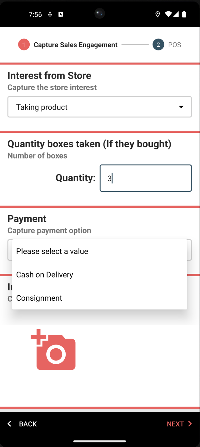 Promo App on a phone, midway through a sales engagement step: store interest, quantity taken and a payment dropdown